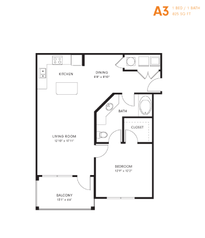 A drawing of a floor plan for a one bedroom apartment.